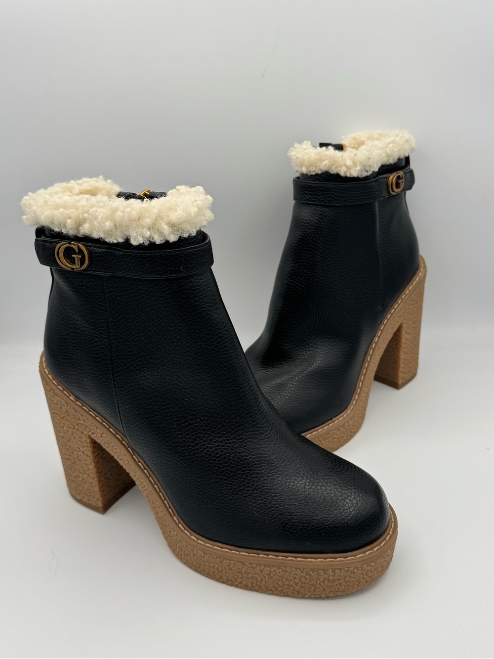 Guess Peggy Faux Fur Block Heel Lug Sole Side Zip Black Ankle Boots